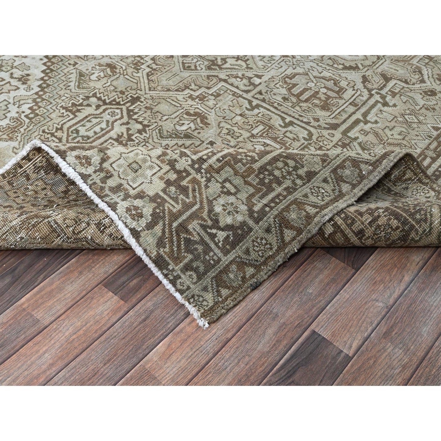 7'1"X9'8" Beige Vintage And Worn Zoroastrian Heris Hand Knotted Wool Rug