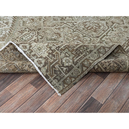 7'1"X9'8" Beige Vintage And Worn Zoroastrian Heris Hand Knotted Wool Rug