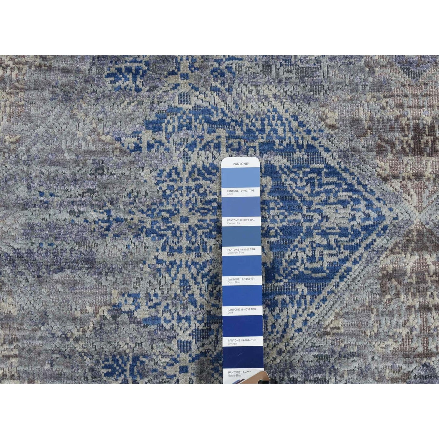 2'6"X6' Blue Silk With Wool Erased Rosette Design Hand Knotted Runner Rug