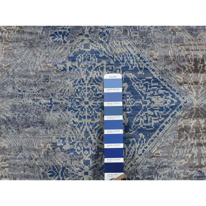 2'6"X6' Blue Silk With Wool Erased Rosette Design Hand Knotted Runner Rug