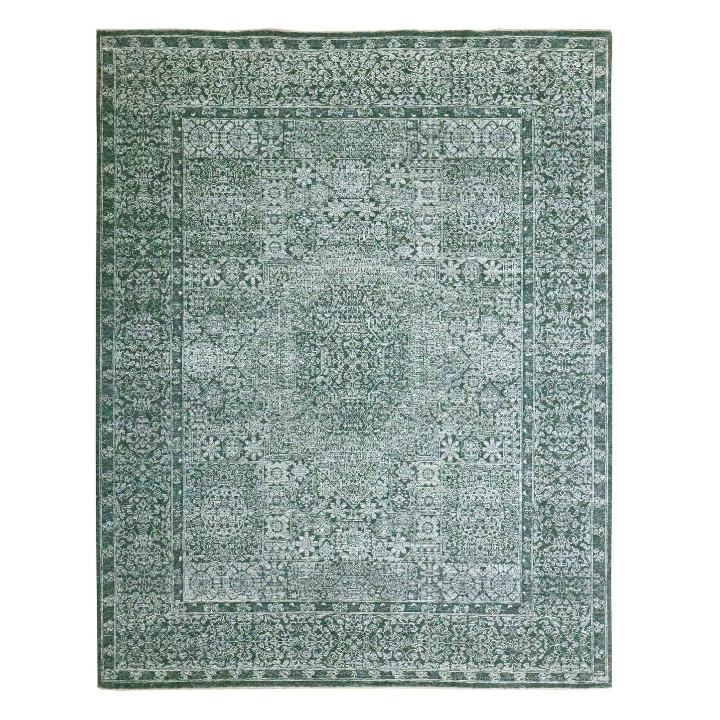 8'x10'2" Pine Green Pre Historic Mamluk Design Hand Knotted Pure Wool Rug