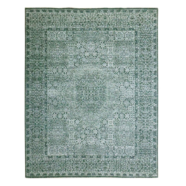 8'x10'2" Pine Green Pre Historic Mamluk Design Hand Knotted Pure Wool Rug