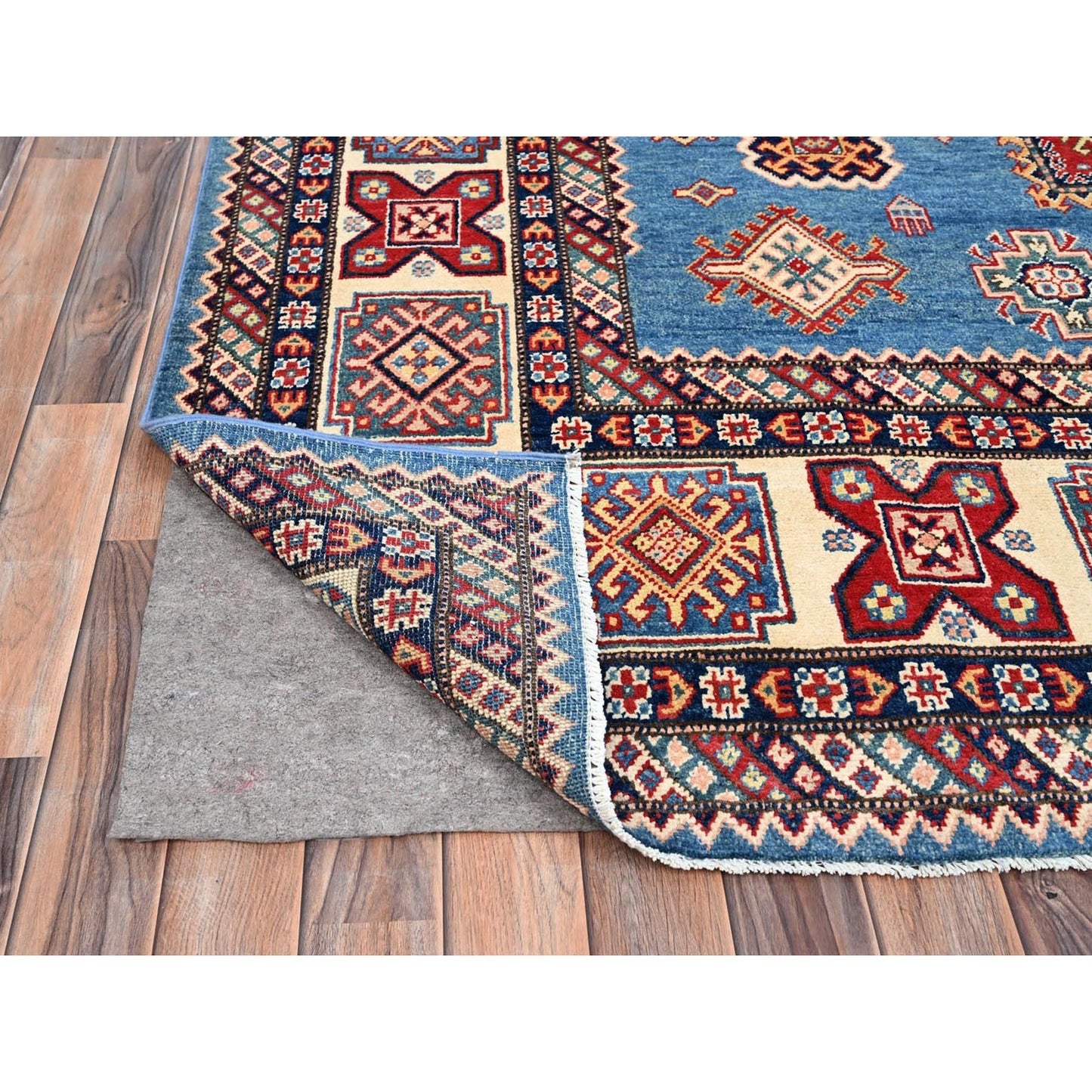 9'X11'8" Cerulean Blue Special Kazak Wool Hand Knotted Natural Dyes Rug