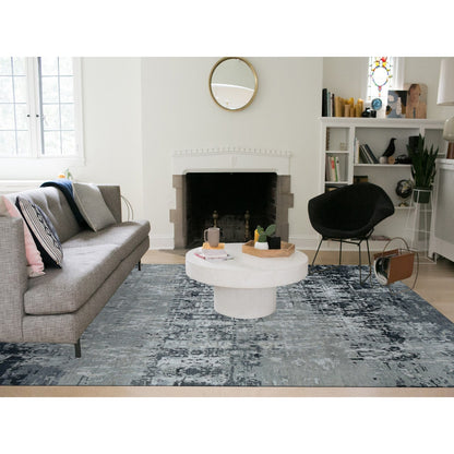 8'10"X11'8" Cloud Gray Erased Design Wool With Real Silk Hand Knotted Rug