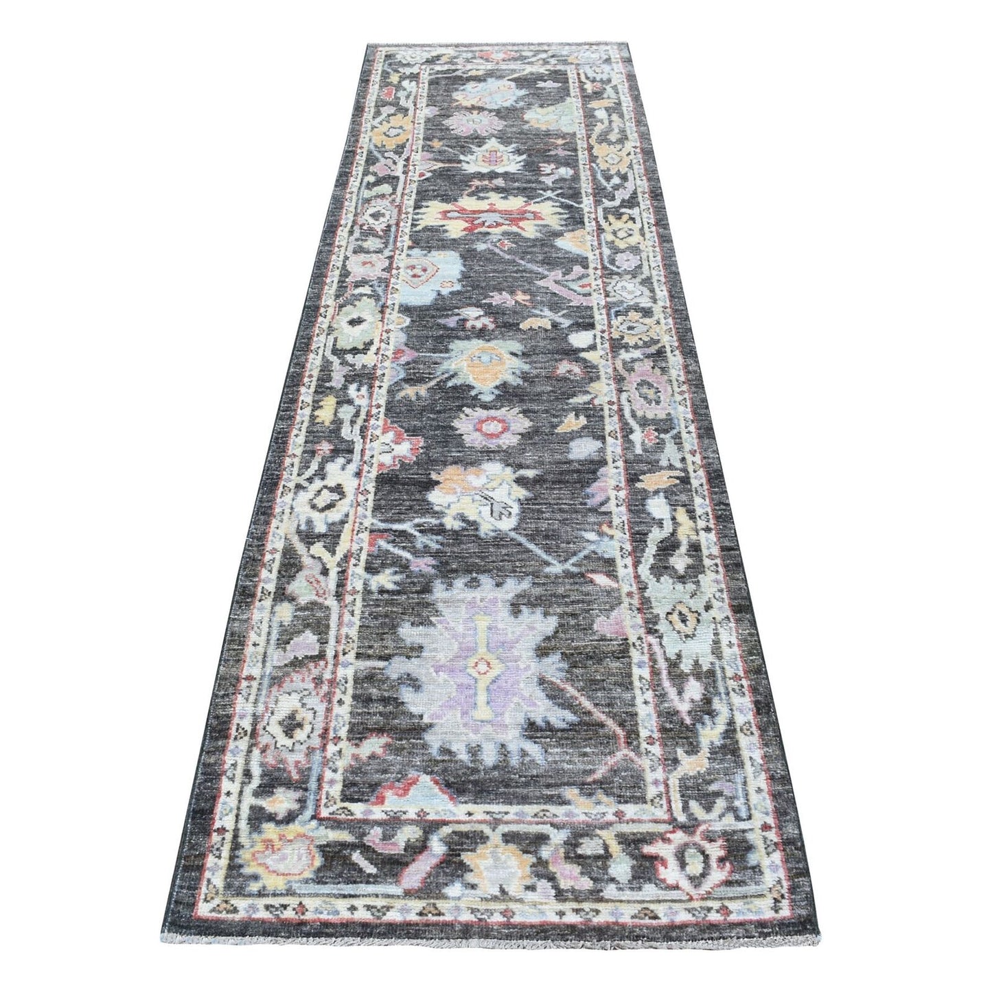 2'10"X9'10" Charcoal Black Angora Oushak Soft Wool Handknotted Runner Rug