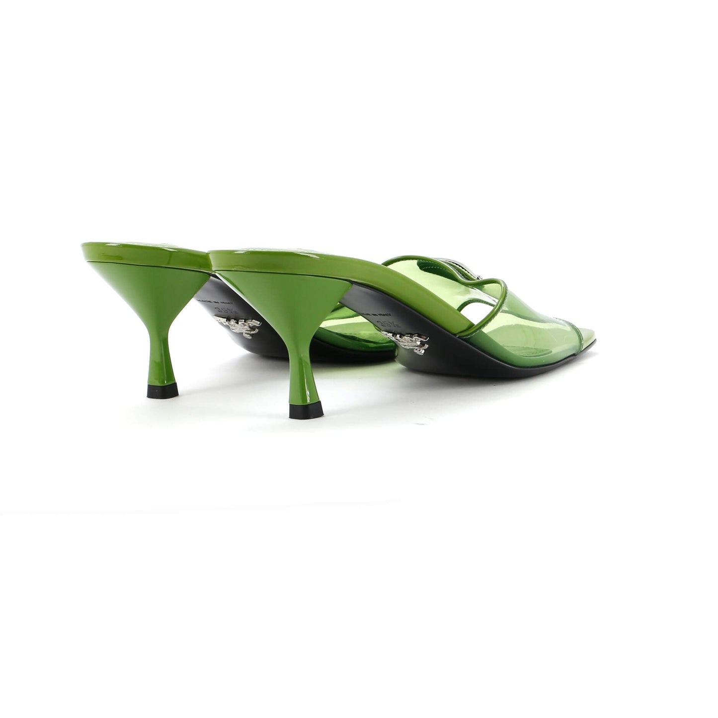 Prada Women'S Triangle Logo Kitten Heeled Sandals Pvc With Patent