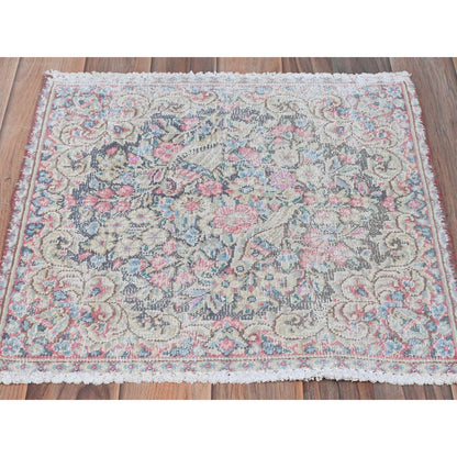 1'9"X1'9" Colorful Hand Knotted Old Farsian Karman Worn Wool Square Rug