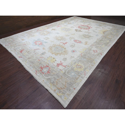 12'X17'4" White Angora Oushak Leaf Design Hand Knotted Wool Oversized Rug