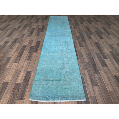 2'4"X11'2" Blue Overdyed Vintage Zoroastrian Hand Knotted Wool Runner Rug