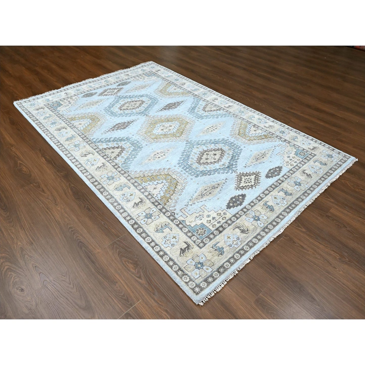 6'2"X9'1" Gray Zoroastrian Village Inspired Pure Wool Hand Knotted Rug