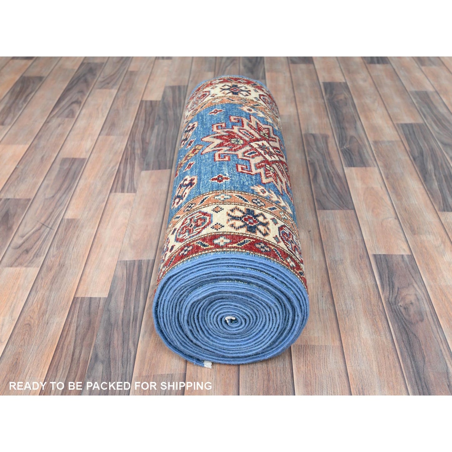 Blue wool afghan super kazak rug hand knotted blue soft 2'6"x33'6" runner.