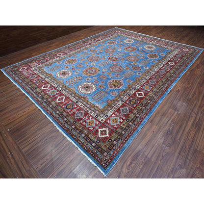 10'2"X13'8" Blue Hand Knotted Super Kazak All Over Motifs Oriental Rug