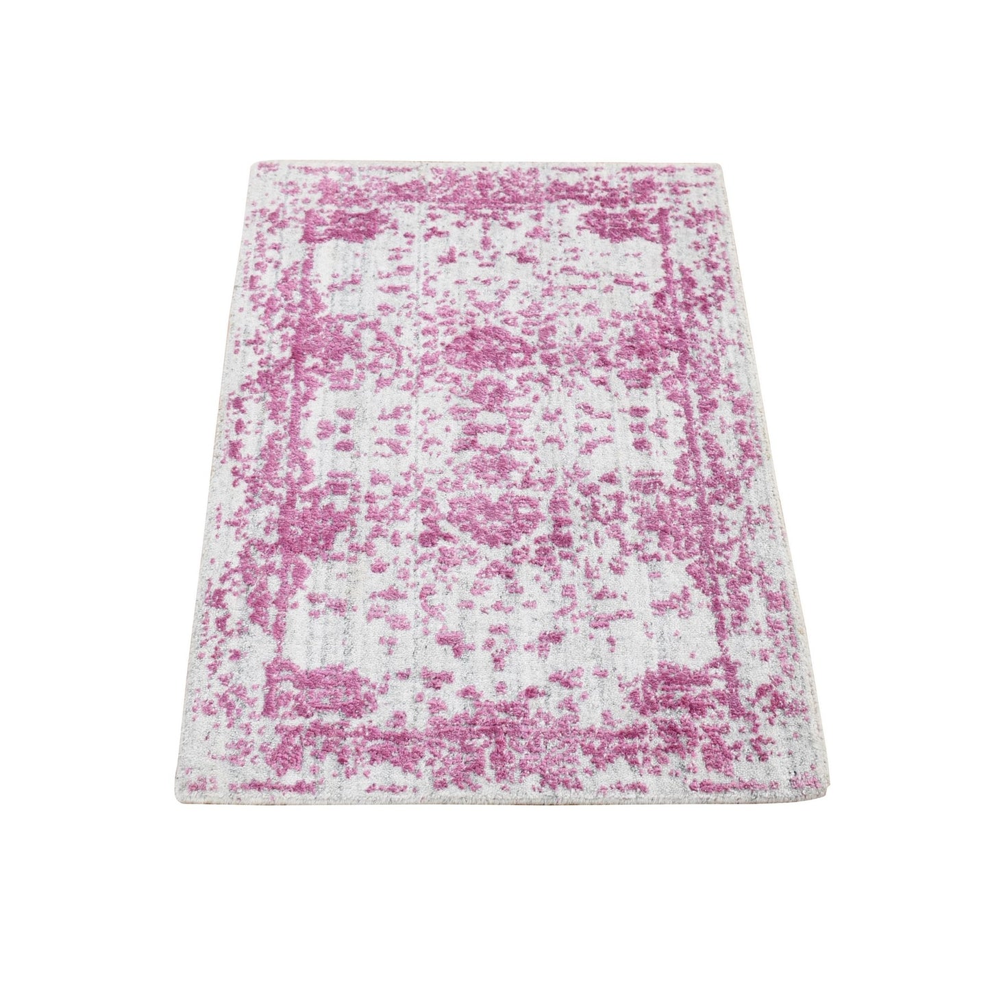 2'X3' Pink Fine Jacquard Hand Loomed Wool And Plant Based Silk Mat Rug