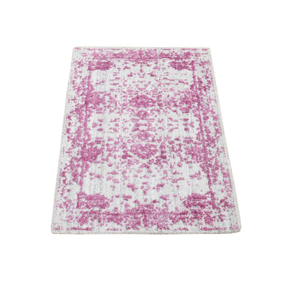 2'X3' Pink Fine Jacquard Hand Loomed Wool And Plant Based Silk Mat Rug
