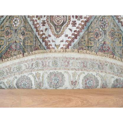 9'9"X9'9" Ivory Hand Knotted Flower Rosettes Border Round Oriental Rug