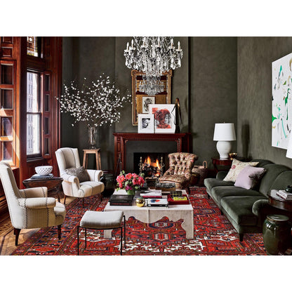 7'9"X11' Red Worn Wool Hand Knotted Semi Antique Zoroastrian Heris Rug