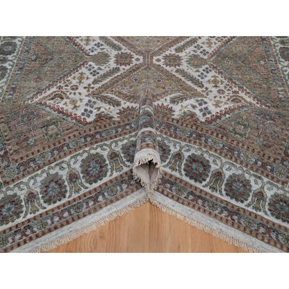 8'X10' Ivory Wool Rug Unique Flower Rosettes Border Design Hand Knotted