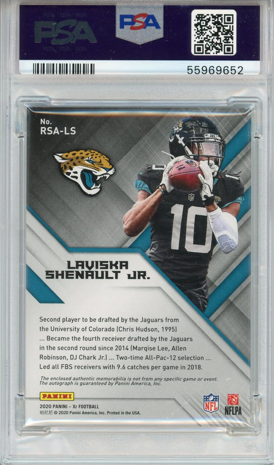 Laviska Shenault Jr. Autographed 2020 Panini Xr Swatch Jersey Rookie Card (Psa A