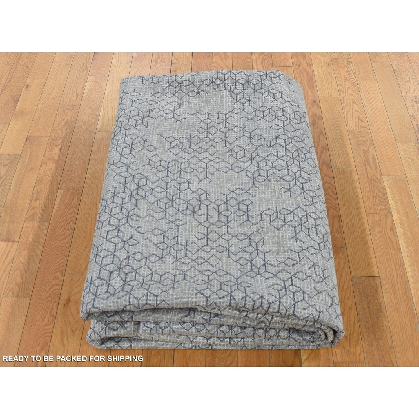 9'X12' Gray Hand Knotted Intricate Small Box Design Silk With Wool Rug