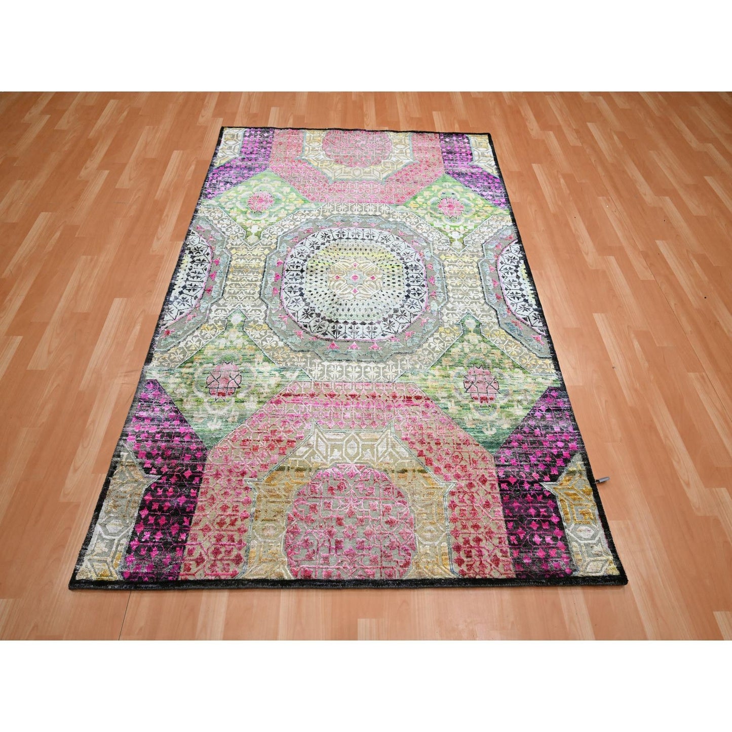 5'1"X7'4" Pink With Yellow Mamluk Design Silk With Wool Hand Knotted Rug