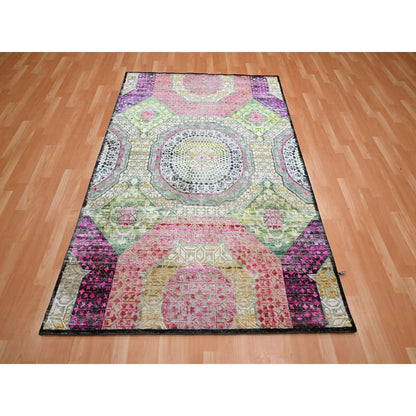 5'1"X7'4" Pink With Yellow Mamluk Design Silk With Wool Hand Knotted Rug