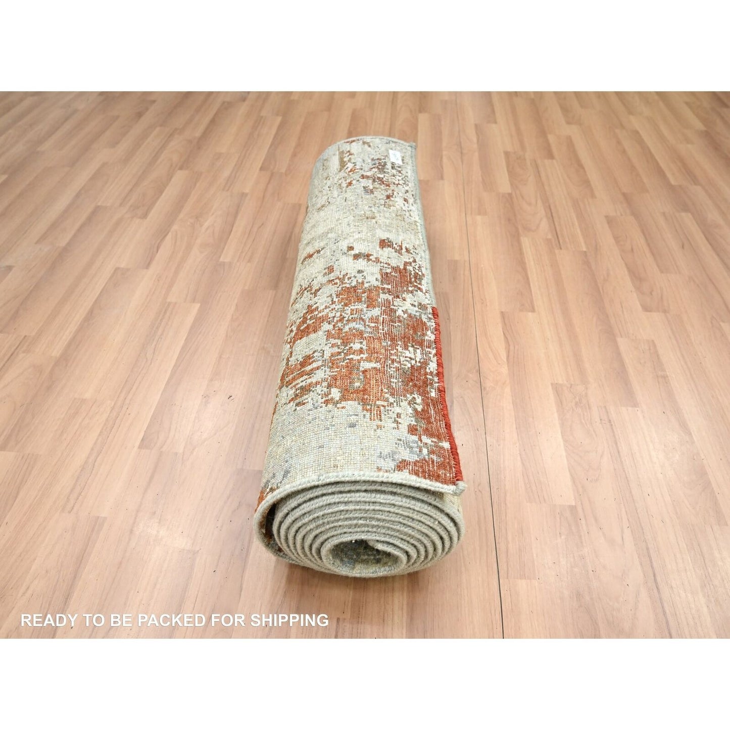 2'7"X12'6" Gray-Beige Abstract Design 100% Wool Hand Knotted Runner Rug