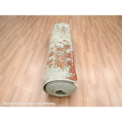 2'7"X12'6" Gray-Beige Abstract Design 100% Wool Hand Knotted Runner Rug