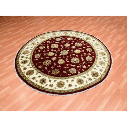 8'X8' Burgundy Red Wool And Silk Hand Knotted Rajasthan Design Round Rug