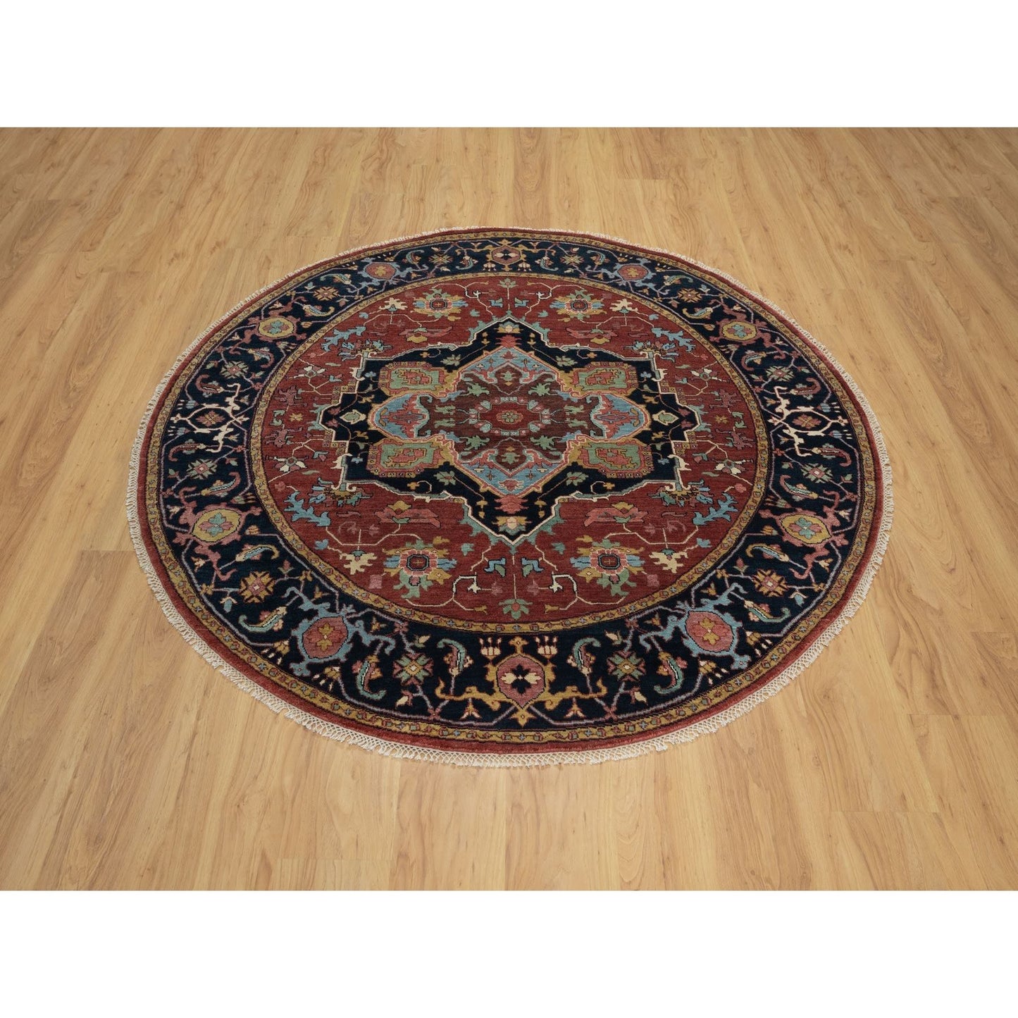 6'2"X6'2" Red Antiqued Heris Re-Creation Hand Knotted Soft Wool Round Rug