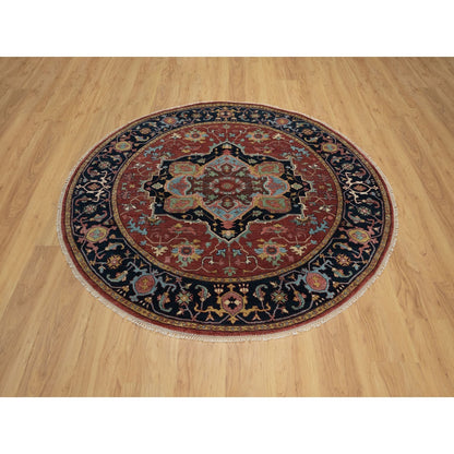 6'2"X6'2" Red Antiqued Heris Re-Creation Hand Knotted Soft Wool Round Rug