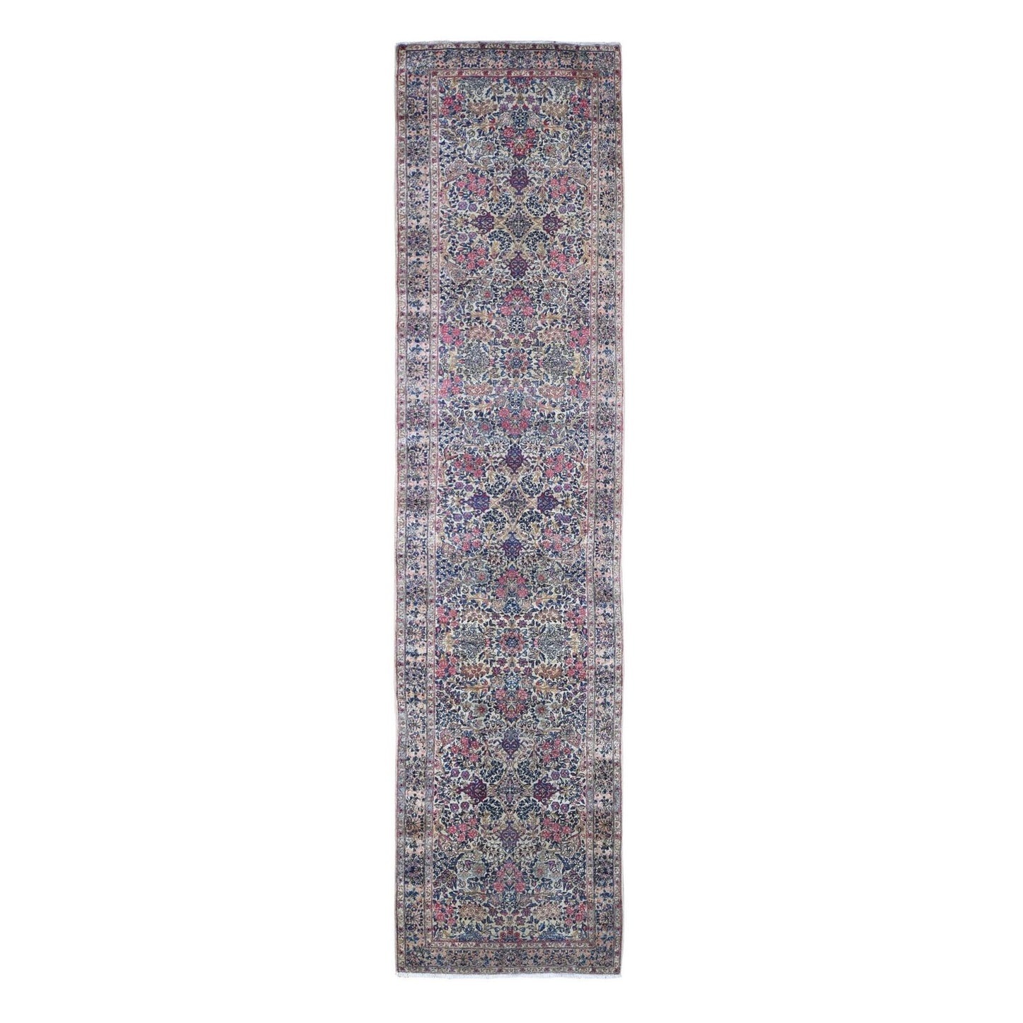 2'8"X11'6" Ivory Antique Farsian Karman Flower Design Wool Hand Made Rug
