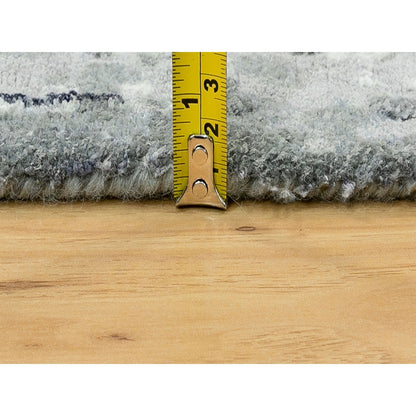 4'3"X10' Gray With Charcoal Black Hand Knotted Abstract Wool-Silk Rug