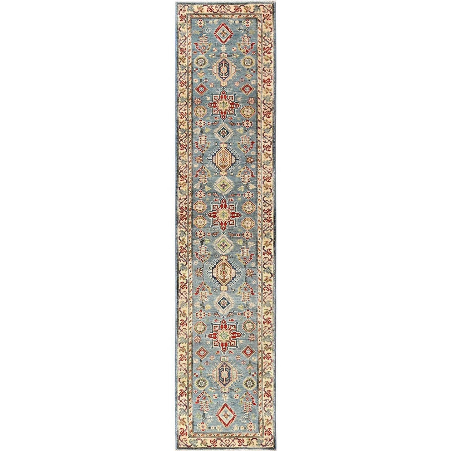 2'9"X12'9" Blue Kazak With Geometric Design Rug Hand Knotted Wool Runner