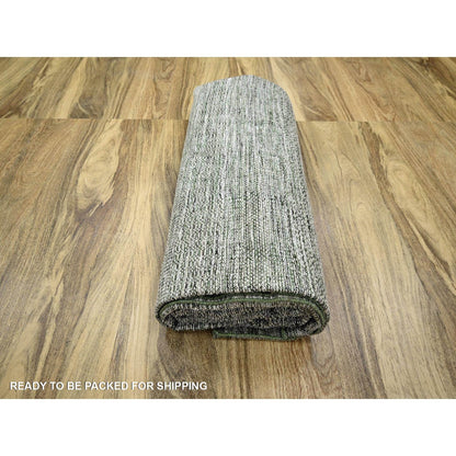 9'9"X13'10" White With Green Oxidized Grass Design Hand Knotted Wool Rug