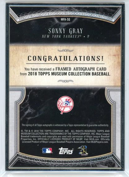 Sonny Gray Autographed 2018 Topps Museum Collection Framed Card #Mfa-Sg