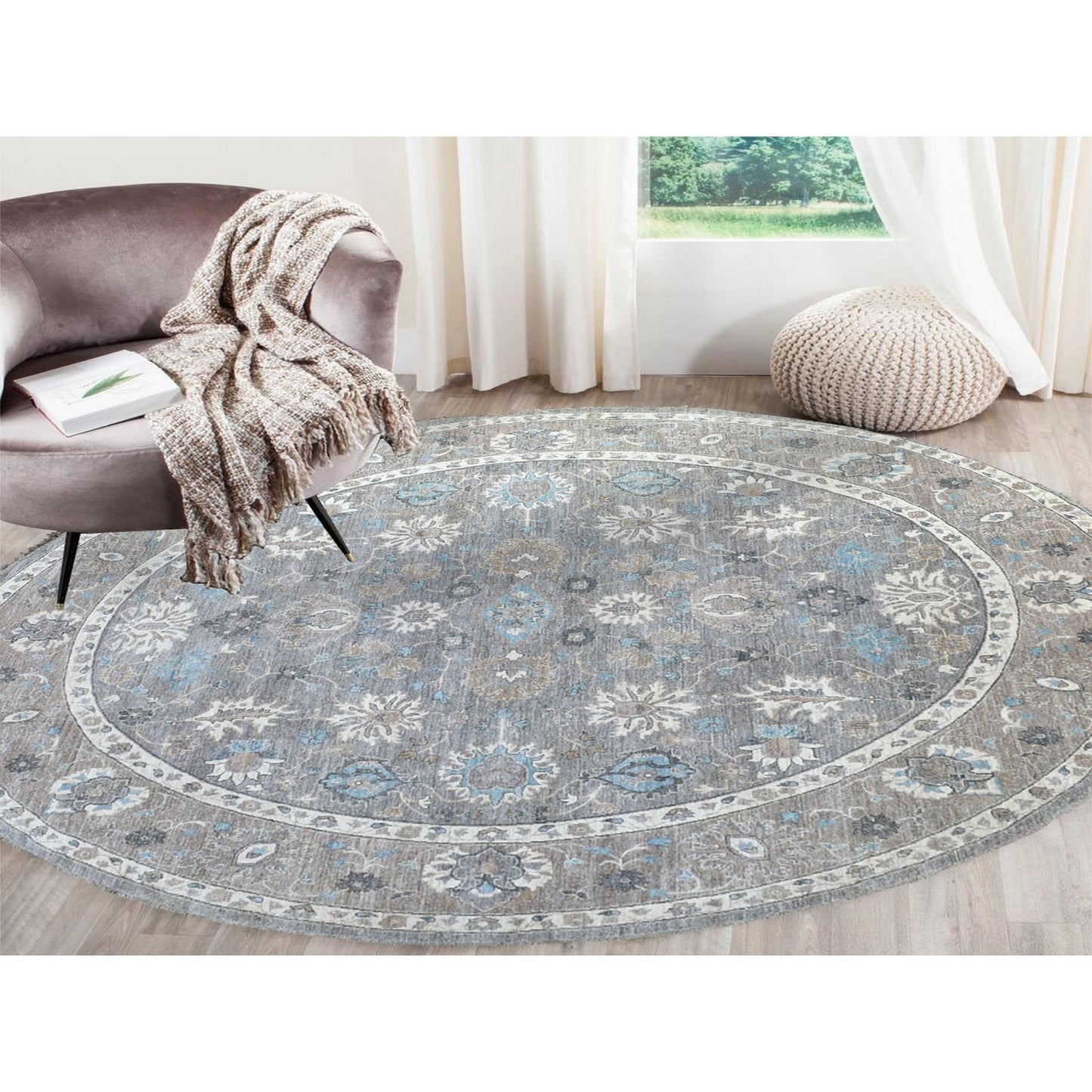 12'X12' Hand Knotted Soft Wool Fine Peshawar Silver Gray Round Rug