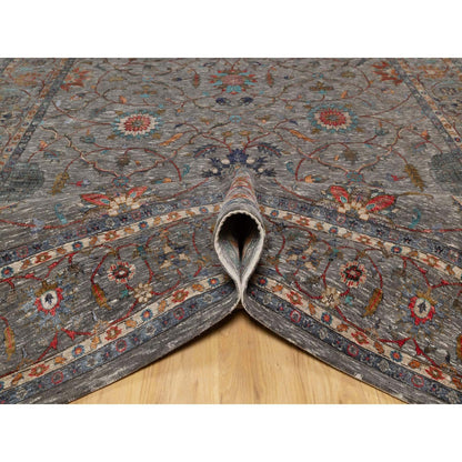 9'X12'1" Brown Scrolls Leaf Design Striae Hand Knotted Silk And Wool Rug