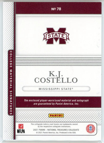 Kj Costello Autographed 2021 Panini National Treasures Collegiate Rookie Patch C