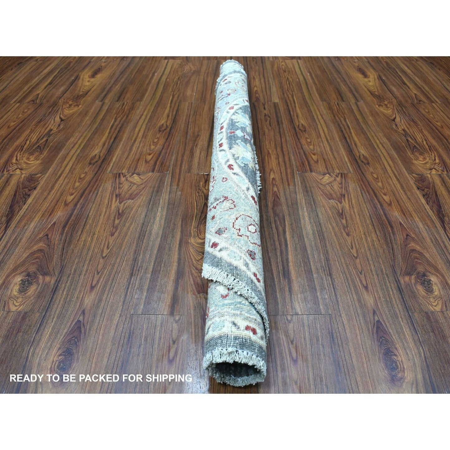 4'X4' Gray Peshawar With Heriz Design Shiny Wool Round Hand Knotted Rug