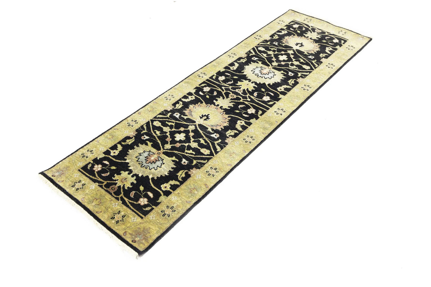Hand-Knotted Oushak Oriental Wool Runner Rug Floral Black Carpet 2'5x7'11 ft