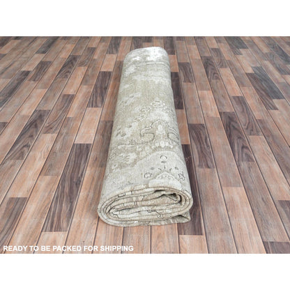 9'8"X12'5" Ivory Hand Knotted Worn Wool Distressed Vintage Farsian Rug