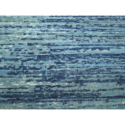8'1"X10'4" Denim Blue Horizontal Ombre Design Pure Wool Hand Knotted Rug