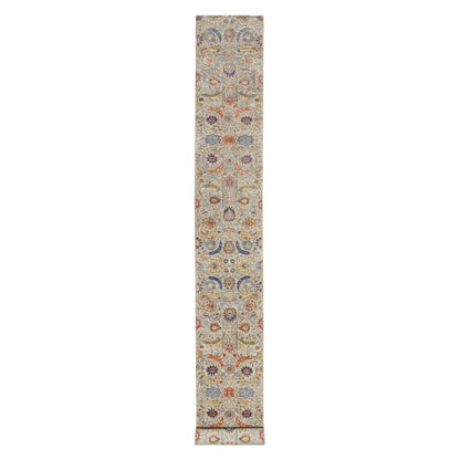 2'7"X22'1" Beige Hand Knotted Silk And Wool Sickle Leaf Xl Runner Rug