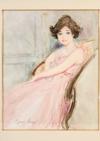 Bernard Charoy Original Watercolor Painting "Lady In Pink Dress" Signed French