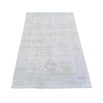 3'10"X5'8" Lace Ivory Stone Washed Peshawar Faded Out Hand Knotted Rug