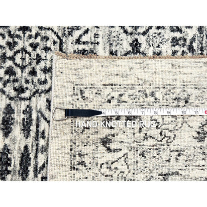 2'7"X12' White Mamluk Dynasty Design Undyed Wool Hand Knotted Runner Rug