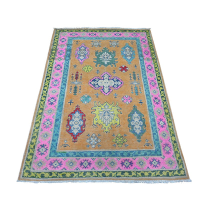 4'X5'9" Apricot Orange Vibrant Fusion Kazak All Natural Wool Oriental Rug