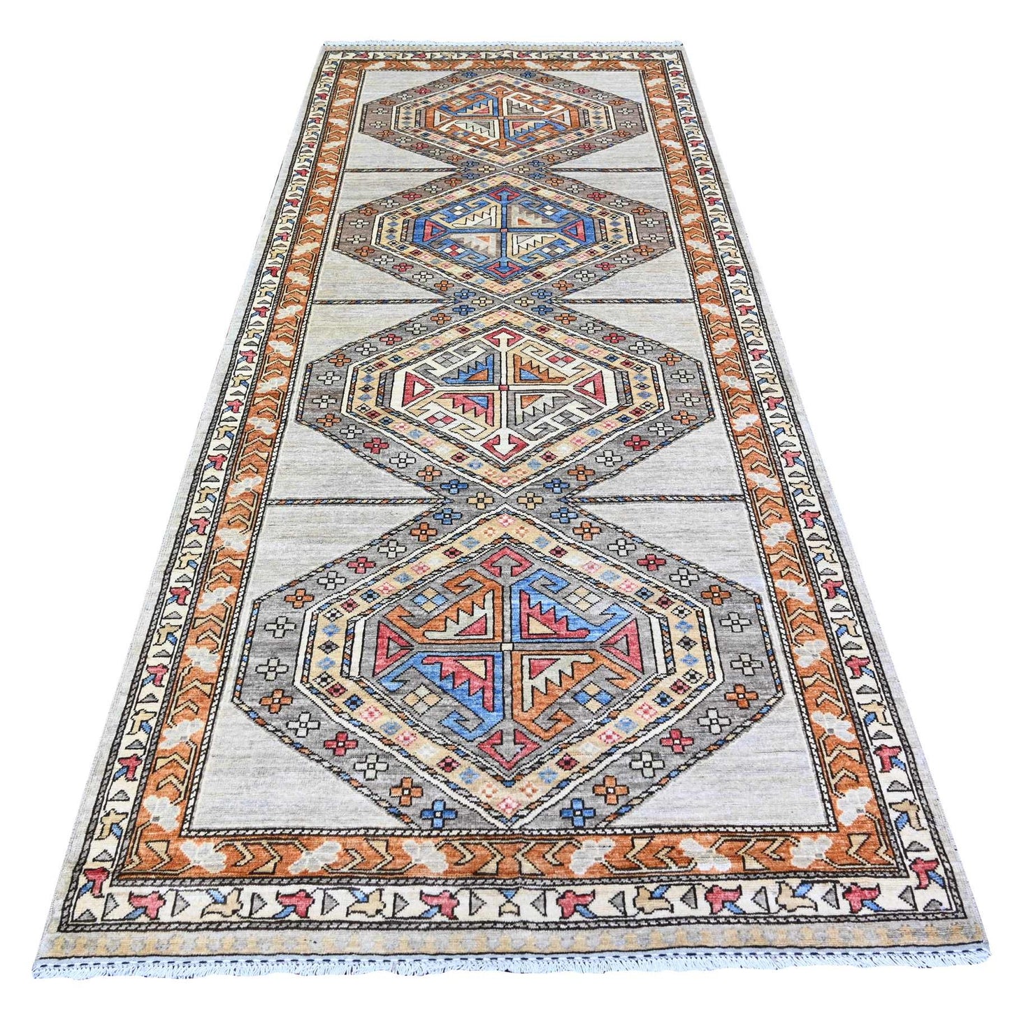 4'2"x9'9" Cloud Gray Hand Knotted Afghan Ersari Wide Runner Oriental Rug