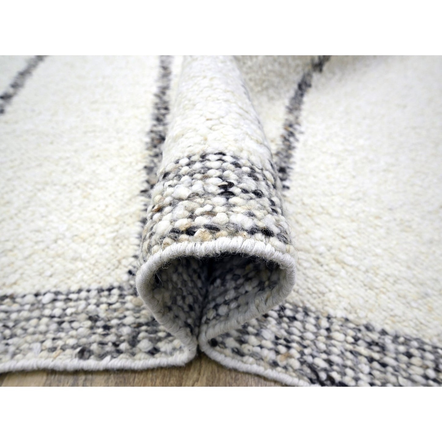 10'X14' White Moroccan Weave Line Design Textured Wool Hand Knotted Rug