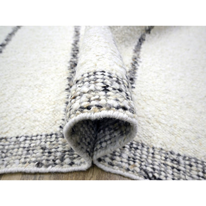 10'X14' White Moroccan Weave Line Design Textured Wool Hand Knotted Rug